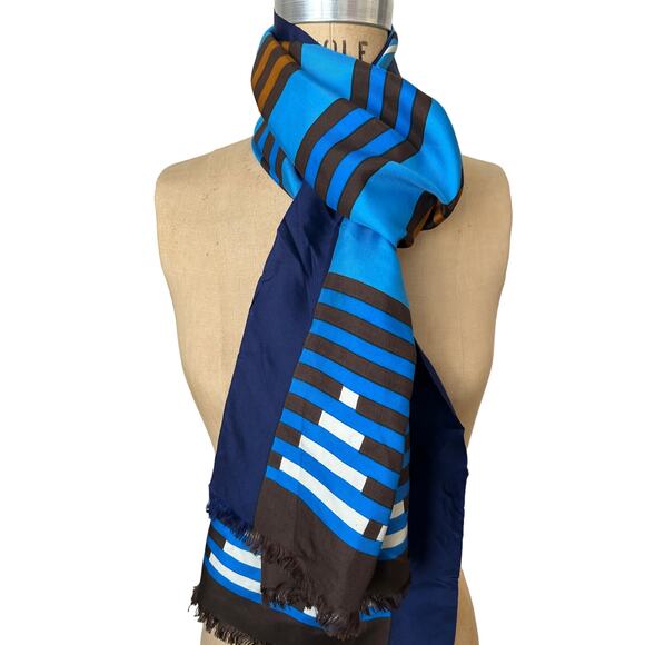 YSL Extra Long Blue Vintage Silk Scarf with Stripes 18" x 67.5" - Picture 3 of 6